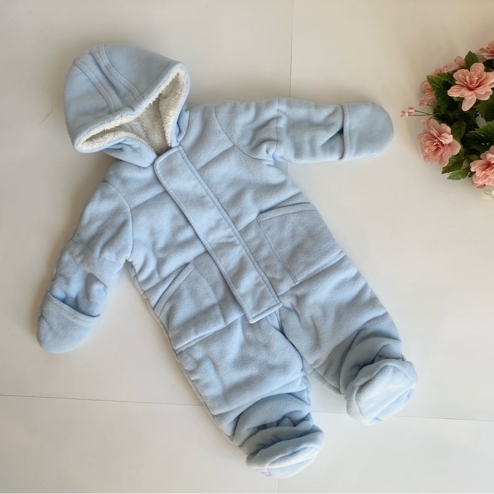 First Impressions Pale Blue Baby Boy Fur Hooded Footed Padded Winter Snowsuit